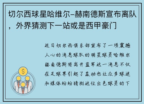 切尔西球星哈维尔-赫南德斯宣布离队，外界猜测下一站或是西甲豪门